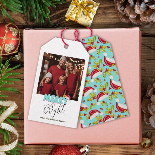 レトロブルーシンプルフォト明るいメリークリスマス ギフトタグ