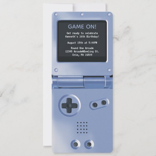 レトロブルーハンドヘルドゲーム機の誕生日招待状 招待状 (正面)