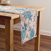 レトロブルーバラパターン（ソフトピンク背景） ショートテーブルランナー (インサイチュ)