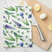 レトロブルーパープルグリーンウォーターカラーフローラ キッチンタオル (四つ折り)