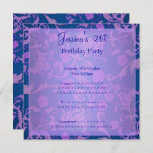 レトロブルーパープルメタリックフローラ21st誕生日1 招待状 (正面/裏面)