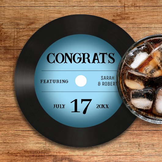 レトロブルービニール結婚レコードおめでとう ラウンドペーパーコースター