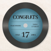 レトロブルービニール結婚レコードおめでとう ラウンドペーパーコースター (正面)