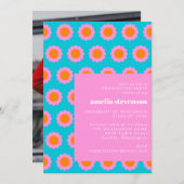 レトロブルーピンクモダンの花花卒業パーティー写真 招待状 (正面/裏面)