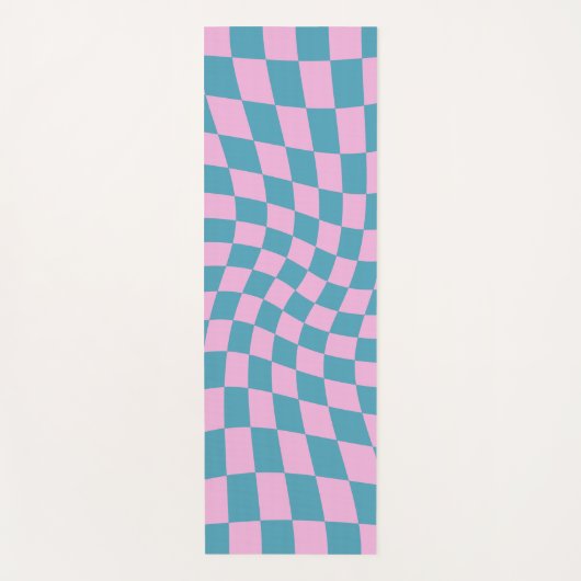 レトロブルーピンクワープのチェッカーボ市松模様にード ヨガマット (正面)