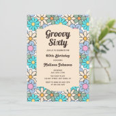 レトロブルーピーチフローラグルーヴィ60誕生日 招待状 (スタンド正面)