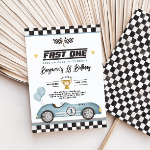 レトロブルーファーストワンレースカーボーイ1歳の誕生日 招待状