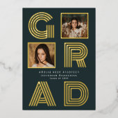 レトロブルーフォイル卒業写真の発表 箔招待状 (正面)