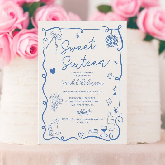 レトロブルーフランスのハンドドロー図解入りの、写真付きのドスウィート16 招待状