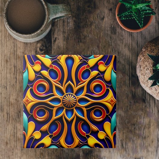 レトロブルーフローラアールデコイラストレーション タイル