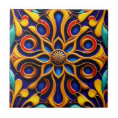 レトロブルーフローラアールデコイラストレーション タイル (正面)