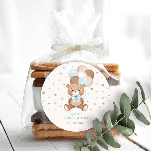 レトロブルーブラウンテディベアバルーンボーイパーティー ラウンドシール