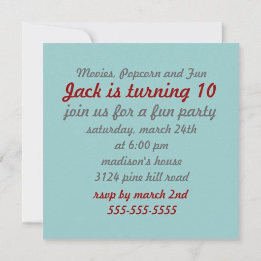 レトロブルーボーイズ映画誕生日パーティーの招待 招待状 (裏面)