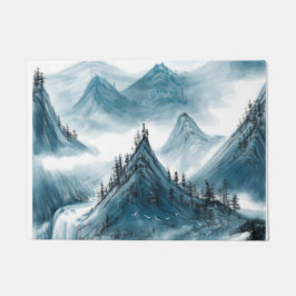 レトロブルーマウンテンズランドスケープ絵画ズ ドアマット