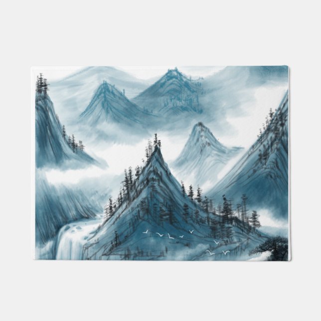 レトロブルーマウンテンズランドスケープ絵画ズ ドアマット (正面)