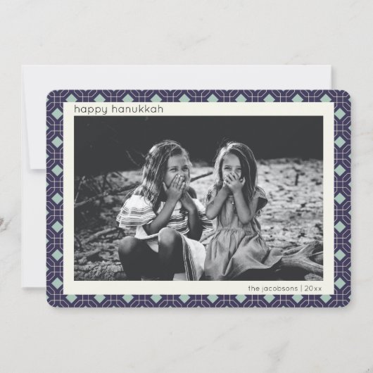レトロブルーミッドセンチュリーモダンパターンHanukkah写真 シーズンカード (正面)