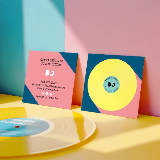 レトロブルーモダンイエローミュージックdjビニルミュージシャン スクエア名刺