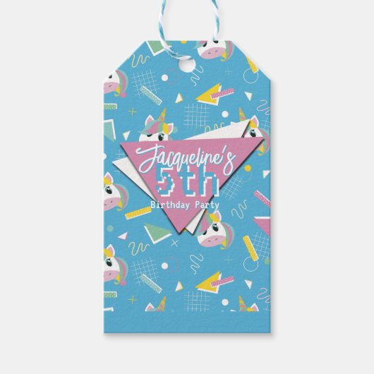 レトロブルーユニコーンの女の子のお誕生日おめでとう ギフトタグ (正面)