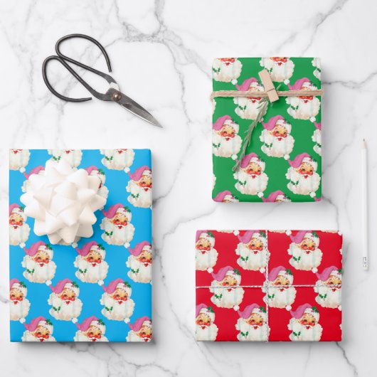 レトロブルーレッドおもしろいサンタクロース顔クリスマス ラッピングペーパーシート (正面)