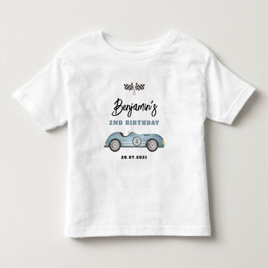 レトロブルーレースカー2速い男の子2nd誕生日 トドラーTシャツ (正面)