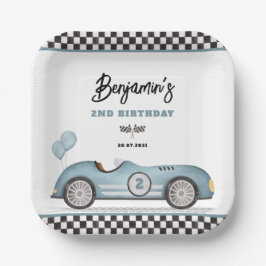 レトロブルーレースカー2速い男の子2nd誕生日 ペーパープレート