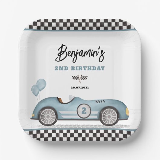 レトロブルーレースカー2速い男の子2nd誕生日 ペーパープレート (正面)