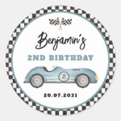 レトロブルーレースカー2速い男の子2nd誕生日 ラウンドシール (正面)