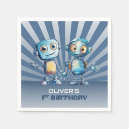 レトロブルーロボットテーマ1歳の誕生日 スタンダードカクテルナプキン