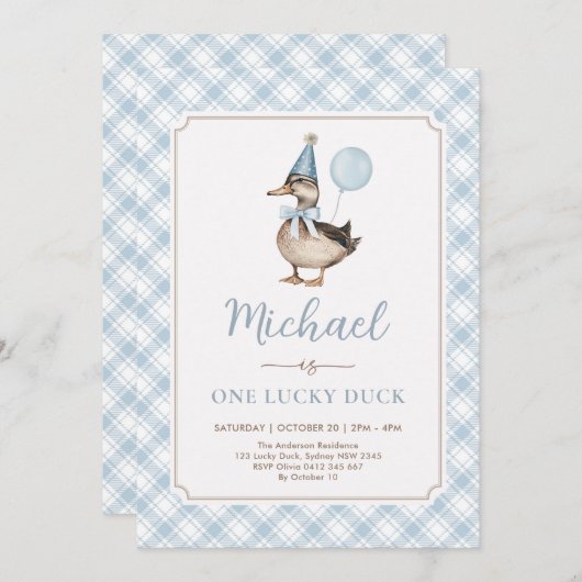 レトロブルーワンラッキーダックバルーン1st誕生日 招待状 (正面/裏面)