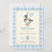 レトロブルーワンラッキーダックバルーン1st誕生日 招待状 (正面)