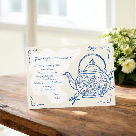 レトロブルー弓ティーポットベビー醸造赤ちゃんシャワー サンキューカード