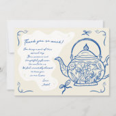レトロブルー弓ティーポットベビー醸造赤ちゃんシャワー サンキューカード (正面)