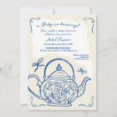 レトロブルー弓ティーポットベビー醸造赤ちゃんシャワー 招待状 (正面)