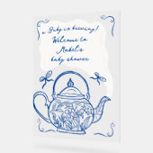 レトロブルー弓ティーポット赤ちゃんシャワーへようこそ アクリルサイン (傾斜)