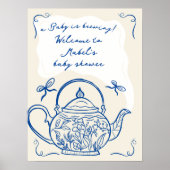 レトロブルー弓ティーポット赤ちゃんシャワーへようこそ ポスター (正面)