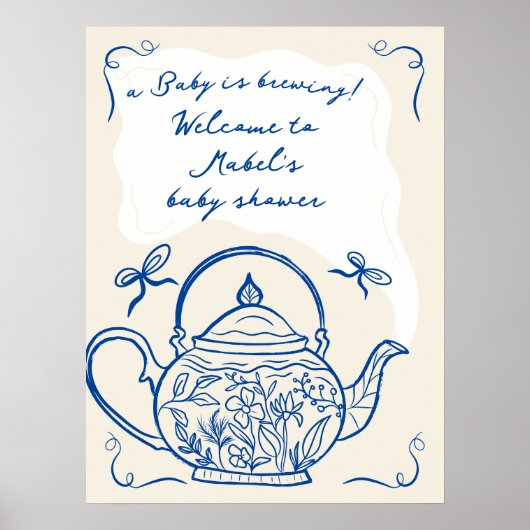 レトロブルー弓ティーポット赤ちゃんシャワーへようこそ ポスター (正面)
