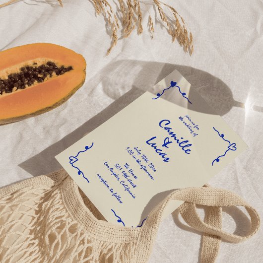 レトロブルー手書きの幻想的なウェディング 招待状