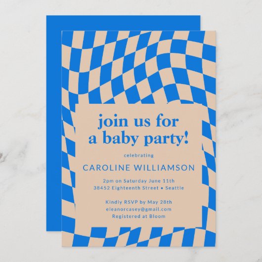 レトロブルー抽象芸術チェッカーボードベビーシャワー 招待状 (正面/裏面)