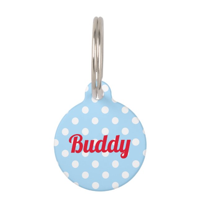 レトロブルー水玉模様ドッグアップ猫子猫名かわいい ペット　ネームタグ (正面)