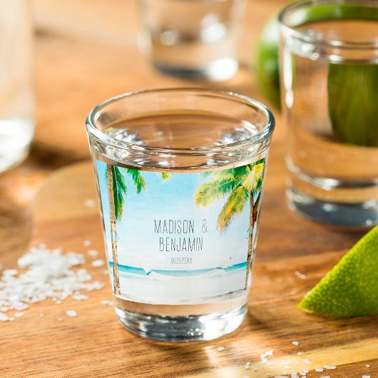 レトロブルー海ビーチパームツリーズトロピカル結婚ツ ショットグラス