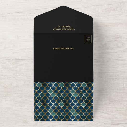 レトロブルー金ゴールドはかりで測アールデコQRコー結婚ド オールインワン招待状 (外側)