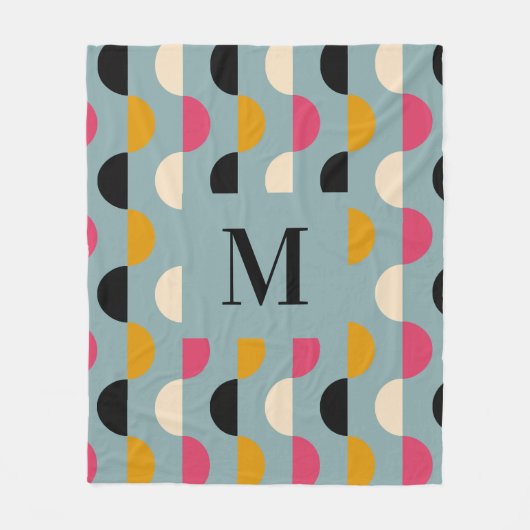 レトロブルー黄色のピンクの円パターン フリースブランケット (正面)