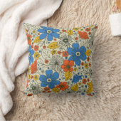 レトロブルー、イエロー&オレンジフローラ クッション (ブランケット)