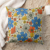 レトロブルー、イエロー&オレンジフローラ クッション (ブランケット)