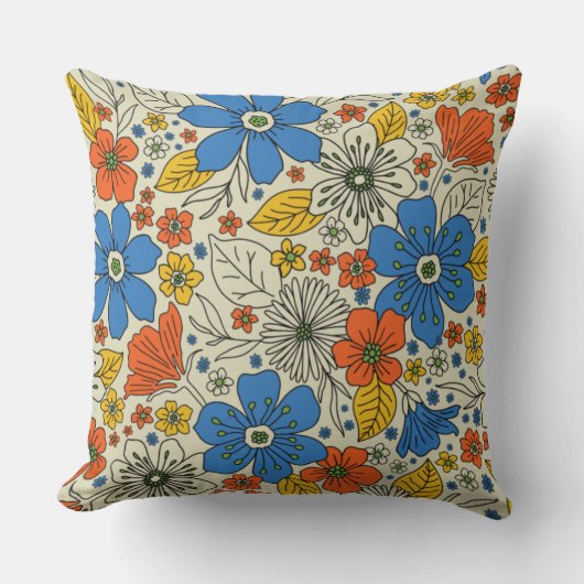 レトロブルー、イエロー&オレンジフローラ クッション (正面)