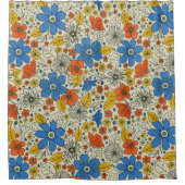 レトロブルー、イエロー&オレンジフローラ シャワーカーテン (正面)