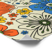 レトロブルー、イエロー&オレンジフローラ ポスター (角)