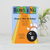 レトロブルー&オレンジ誕生日ボーリングパーティー招待状 招待状 (スタンド正面)