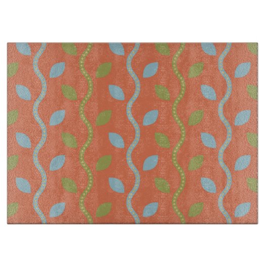 レトロブルー&グリーンつる植物オンオレンジフローラルパターン カッティングボード (正面)