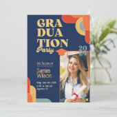 レトロブルー&ベージュ卒業パーティー招待状 招待状 (スタンド正面)